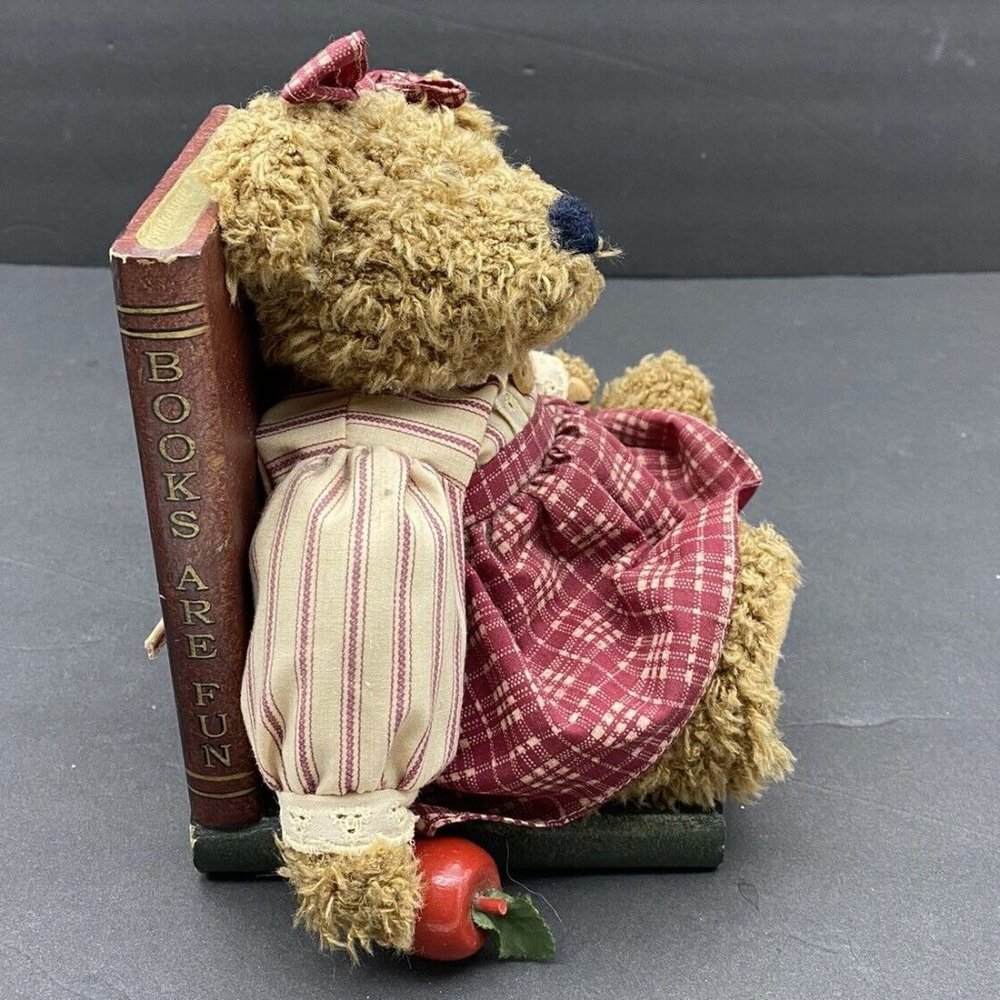 VTG Y2K Teddy Bear Bookends Books Are Fun Wooden Plush Pair Children Library 90s - Picture 12 of 16